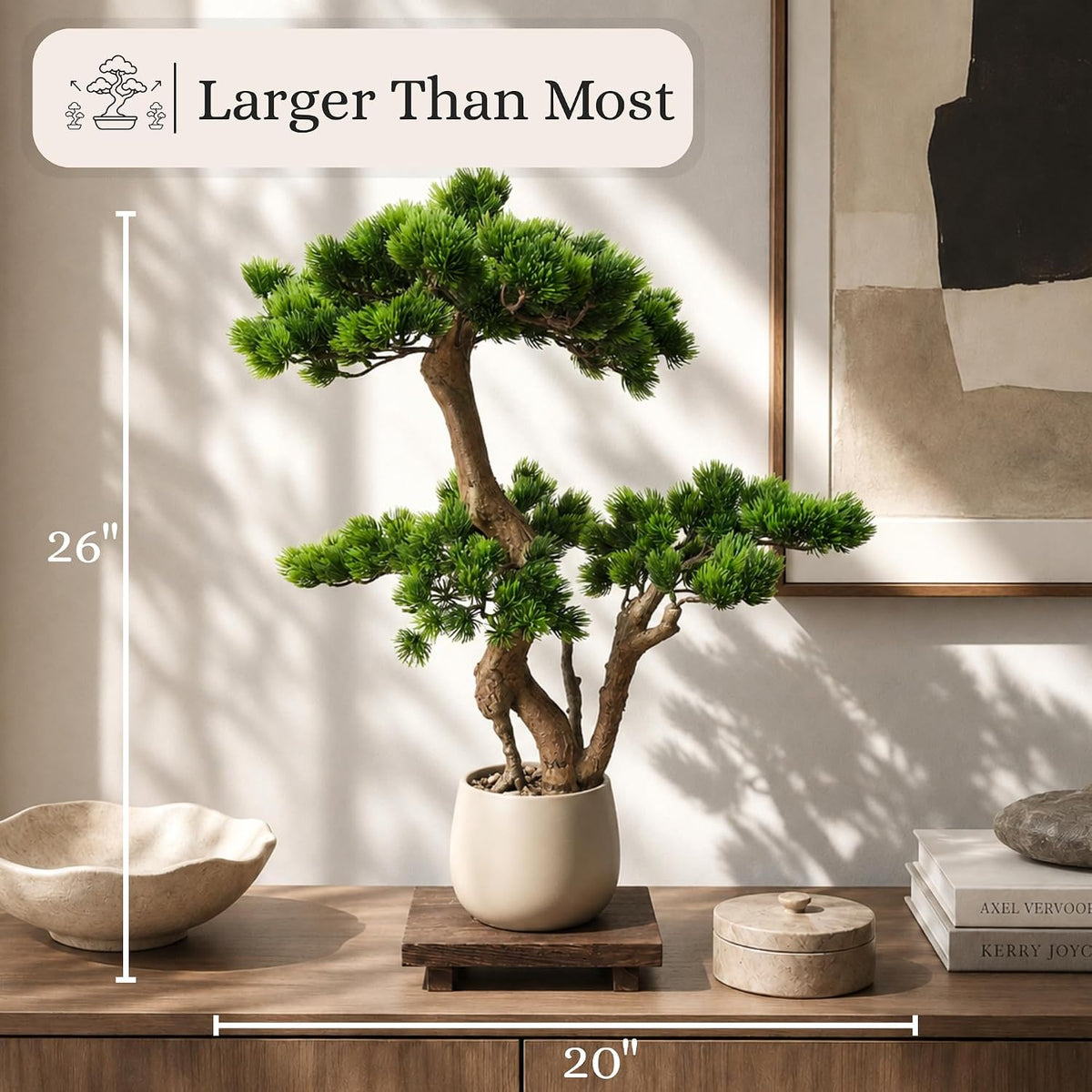 Artificial Bonsai Tree 16" Tall with Realistic Wood and Ceramic Pot, Fake Plants for Home, Bedroom and Office Desk, Japanese Decor