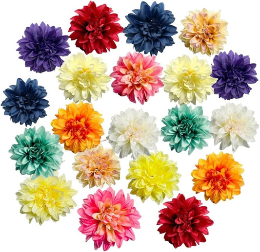 20 Pcs Dahlias Artificial Flowers Heads,Faux Dahlias Silk Flowers for Crafts with Clips,Tropical Faux Flower Cake Decorations Wreath Making Supplies for Wedding Party Birthday Gift Décor (Multicolour)