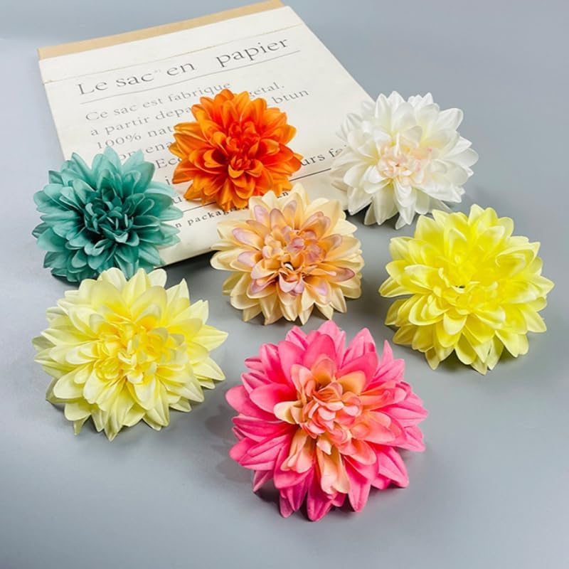 20 Pcs Dahlias Artificial Flowers Heads,Faux Dahlias Silk Flowers for Crafts with Clips,Tropical Faux Flower Cake Decorations Wreath Making Supplies for Wedding Party Birthday Gift Décor (Multicolour)
