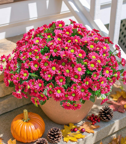 Daisy Artificial Flowers for Outdoors Autumn Fall Decoration, 6 Bundles Fake Mums Red Silk Flowers for Outside Look Real UV Resistant Fake Plants Faux Flowers for Planter Front Door Home Indoor Porch