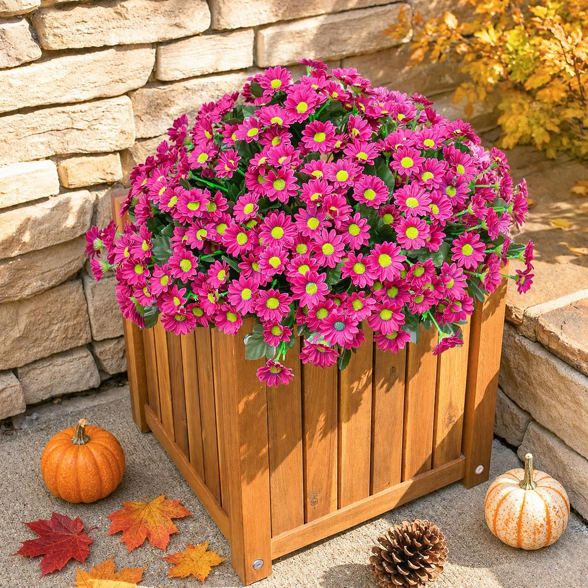 Daisy Artificial Flowers for Outdoors Autumn Fall Decoration, 6 Bundles Fake Mums Red Silk Flowers for Outside Look Real UV Resistant Fake Plants Faux Flowers for Planter Front Door Home Indoor Porch