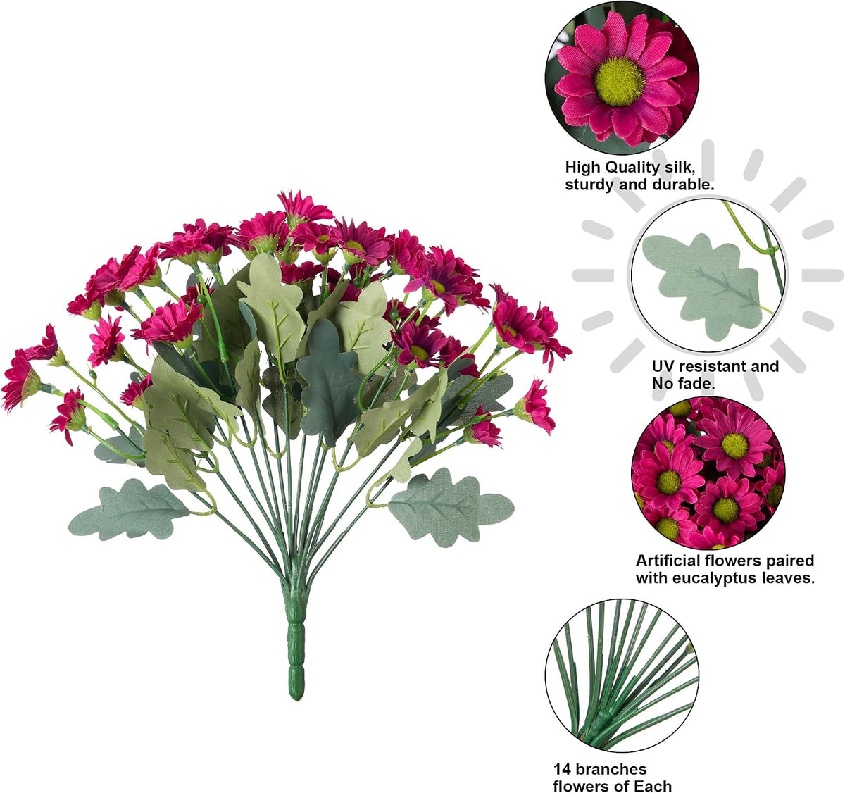 Daisy Artificial Flowers for Outdoors Autumn Fall Decoration, 6 Bundles Fake Mums Red Silk Flowers for Outside Look Real UV Resistant Fake Plants Faux Flowers for Planter Front Door Home Indoor Porch