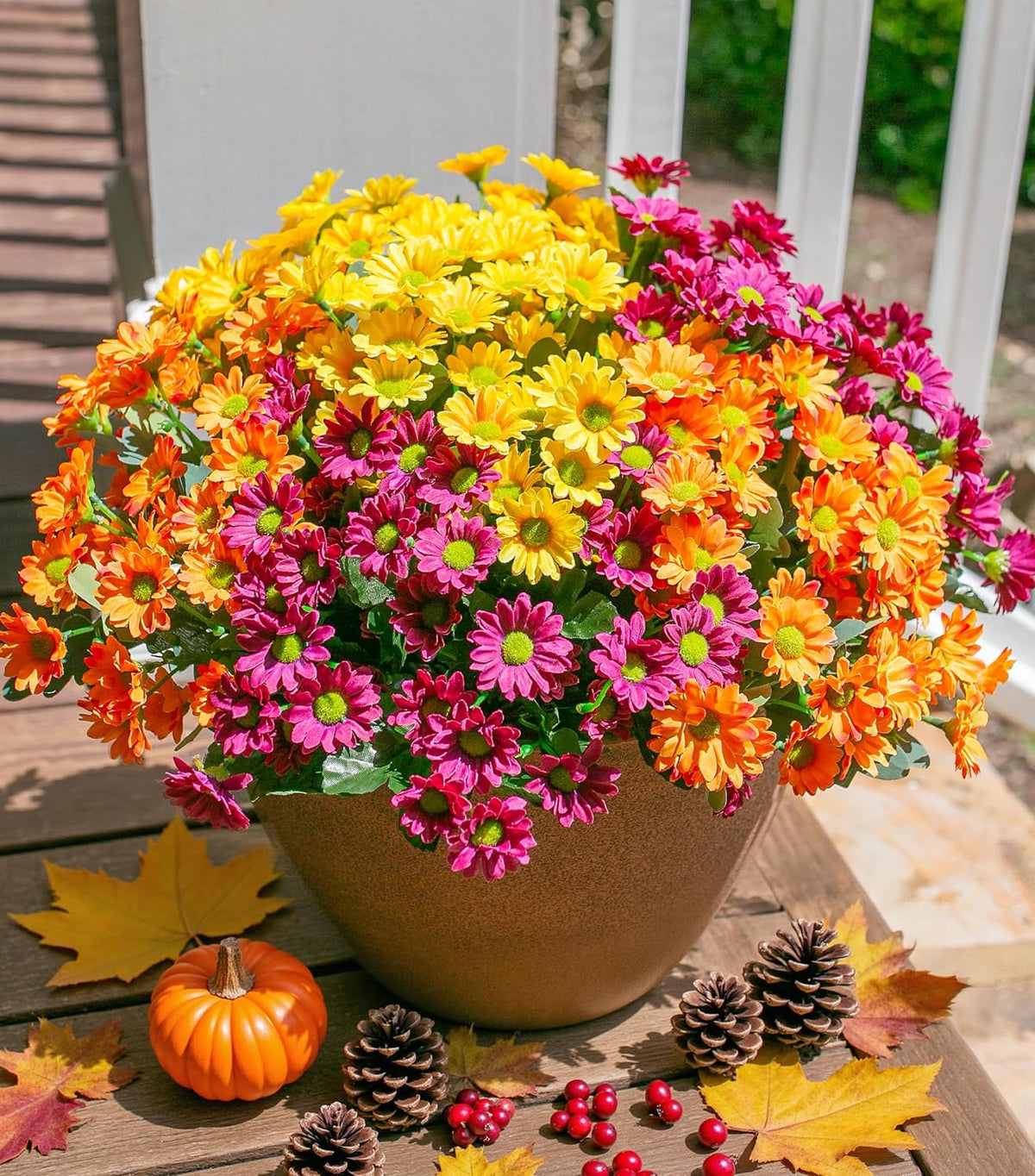Daisy Artificial Flowers for Outdoors Autumn Fall Decoration, 6 Bundles Fake Mums Red Silk Flowers for Outside Look Real UV Resistant Fake Plants Faux Flowers for Planter Front Door Home Indoor Porch