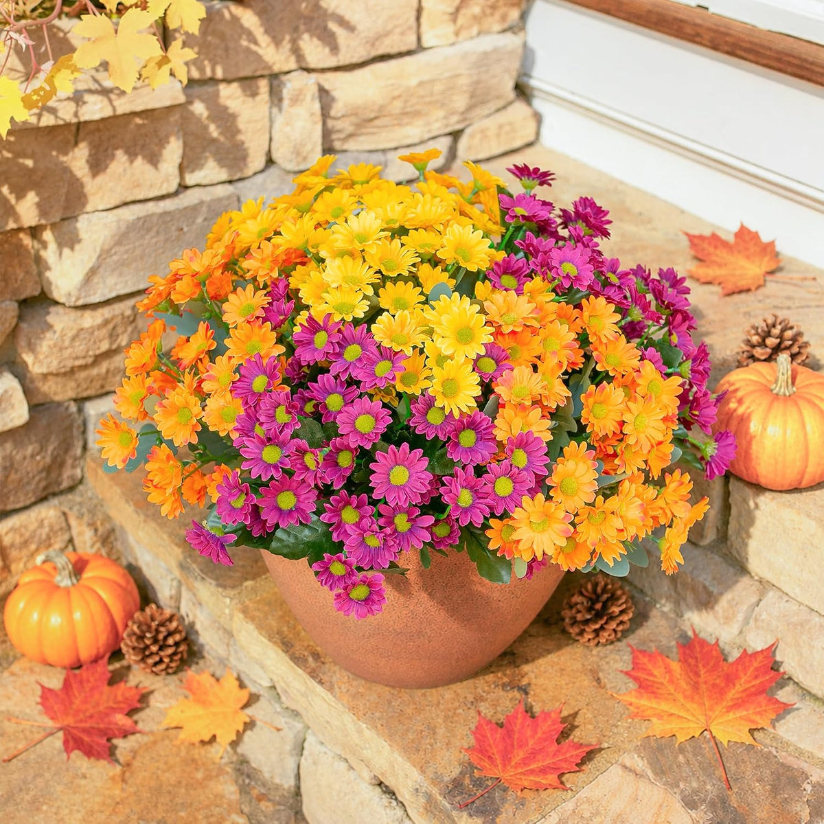 Daisy Artificial Flowers for Outdoors Autumn Fall Decoration, 6 Bundles Fake Mums Red Silk Flowers for Outside Look Real UV Resistant Fake Plants Faux Flowers for Planter Front Door Home Indoor Porch
