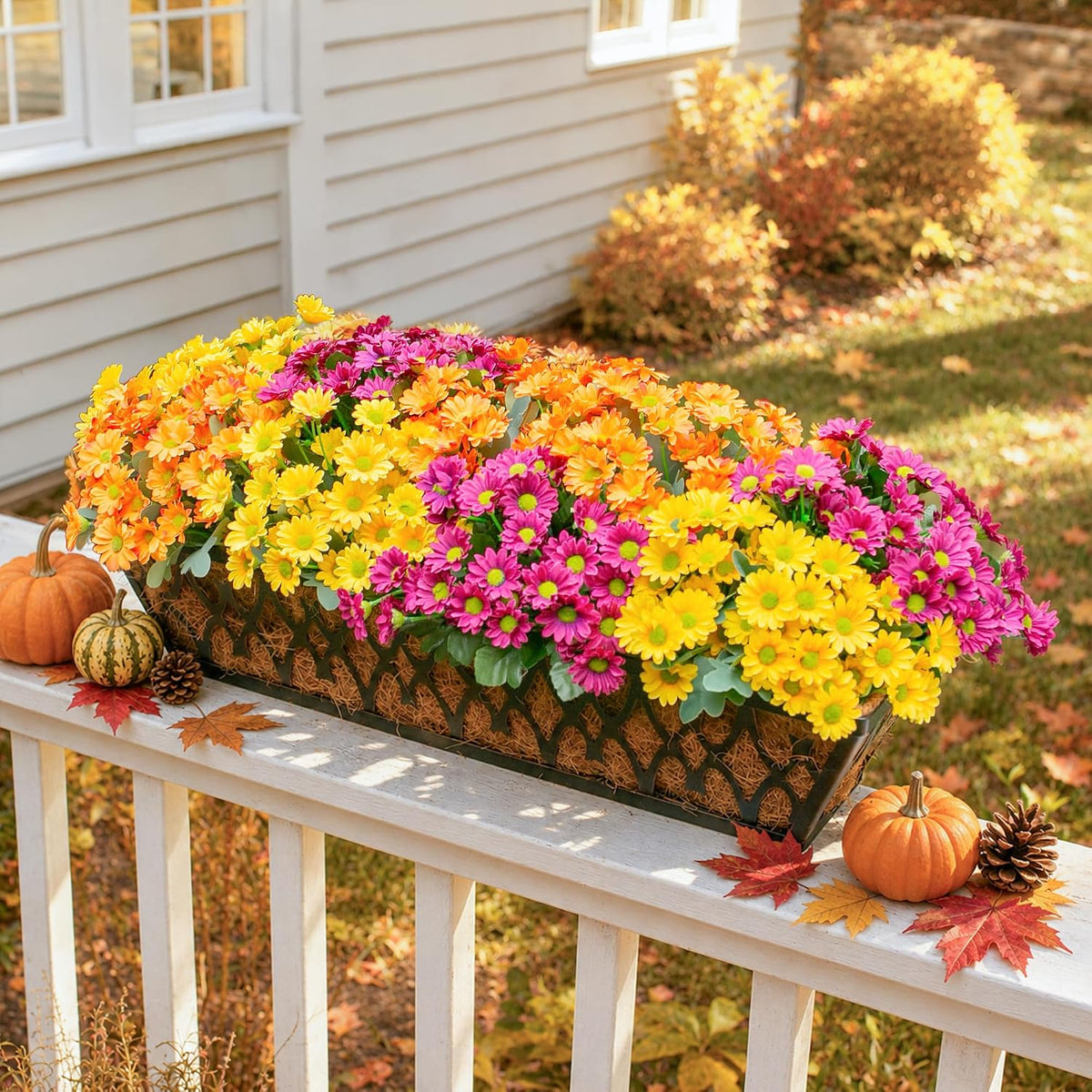 Daisy Artificial Flowers for Outdoors Autumn Fall Decoration, 6 Bundles Fake Mums Red Silk Flowers for Outside Look Real UV Resistant Fake Plants Faux Flowers for Planter Front Door Home Indoor Porch