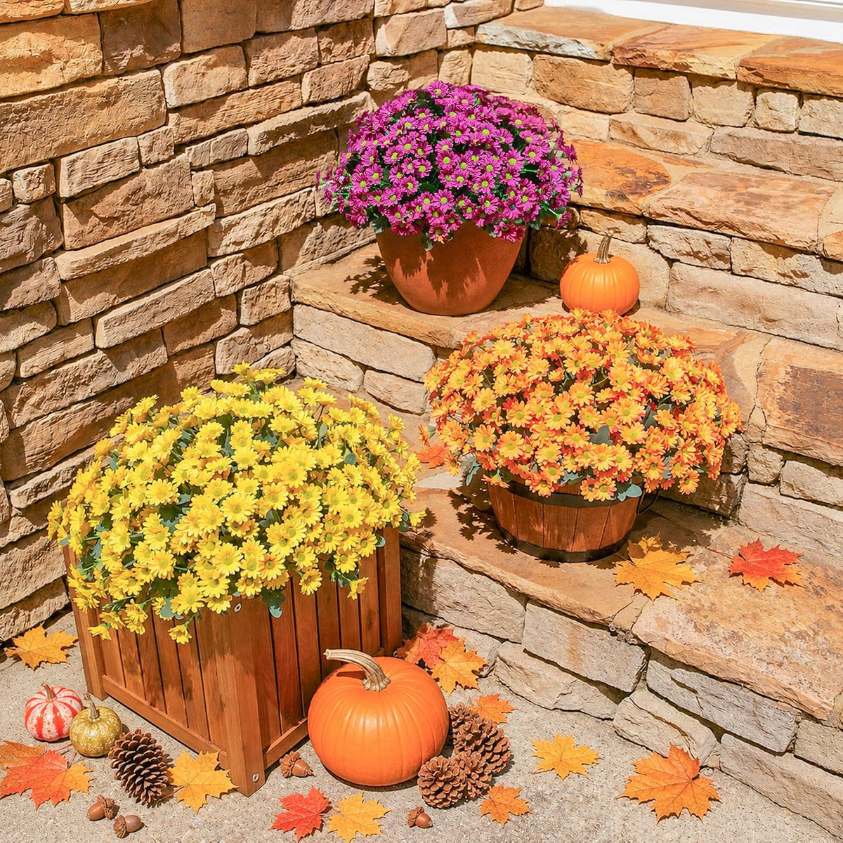 Daisy Artificial Flowers for Outdoors Autumn Fall Decoration, 6 Bundles Fake Mums Red Silk Flowers for Outside Look Real UV Resistant Fake Plants Faux Flowers for Planter Front Door Home Indoor Porch