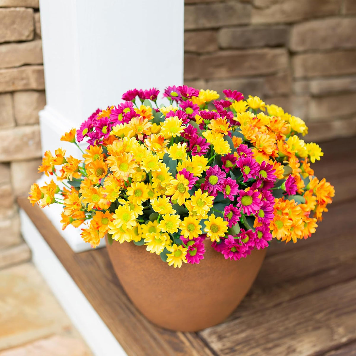 Daisy Artificial Flowers for Outdoors Autumn Fall Decoration, 6 Bundles Fake Mums Red Silk Flowers for Outside Look Real UV Resistant Fake Plants Faux Flowers for Planter Front Door Home Indoor Porch