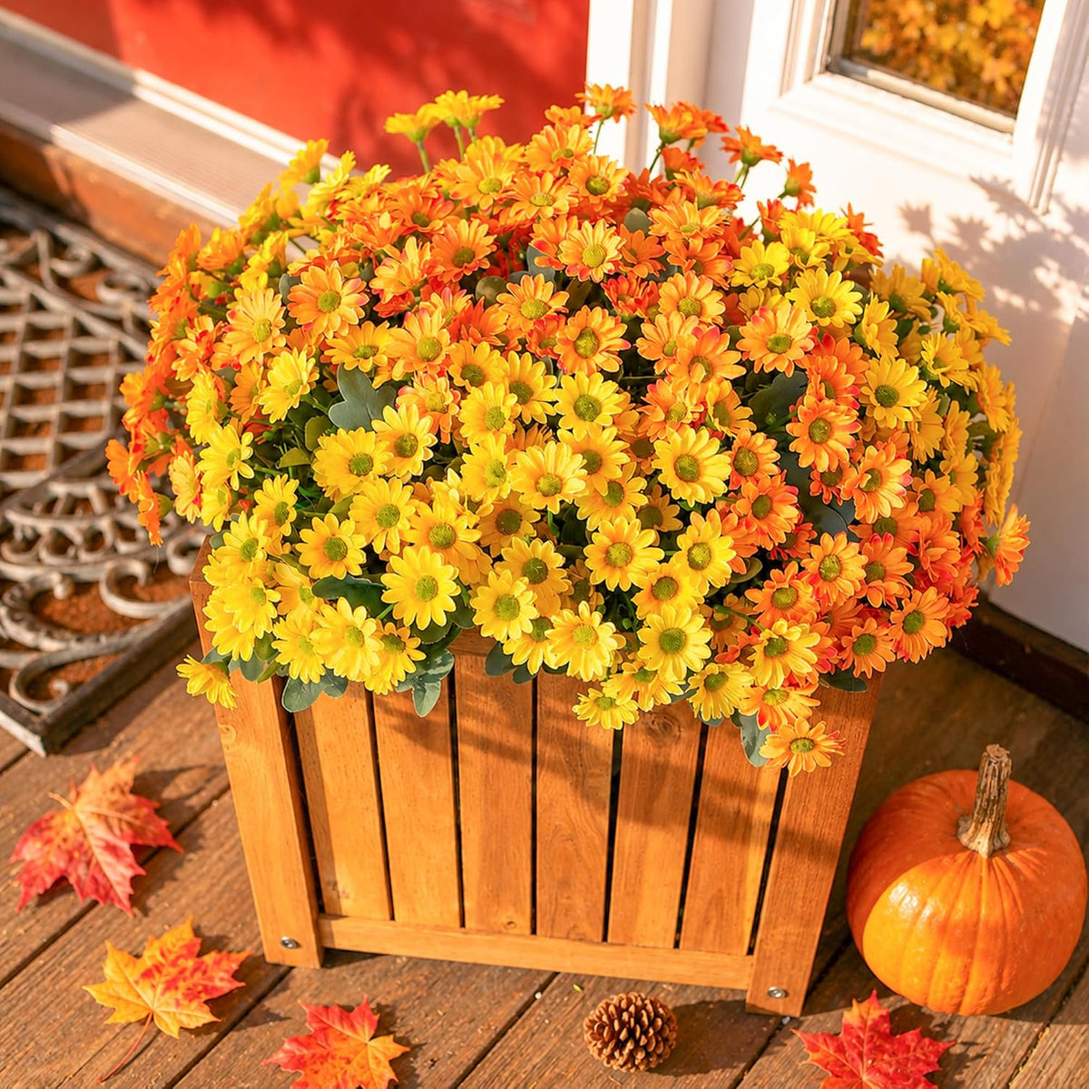 Daisy Artificial Flowers for Outdoors Autumn Fall Decoration, 6 Bundles Fake Mums Red Silk Flowers for Outside Look Real UV Resistant Fake Plants Faux Flowers for Planter Front Door Home Indoor Porch