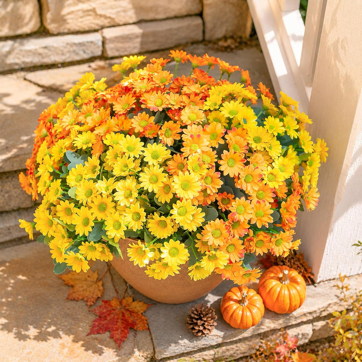 Daisy Artificial Flowers for Outdoors Autumn Fall Decoration, 6 Bundles Fake Mums Red Silk Flowers for Outside Look Real UV Resistant Fake Plants Faux Flowers for Planter Front Door Home Indoor Porch
