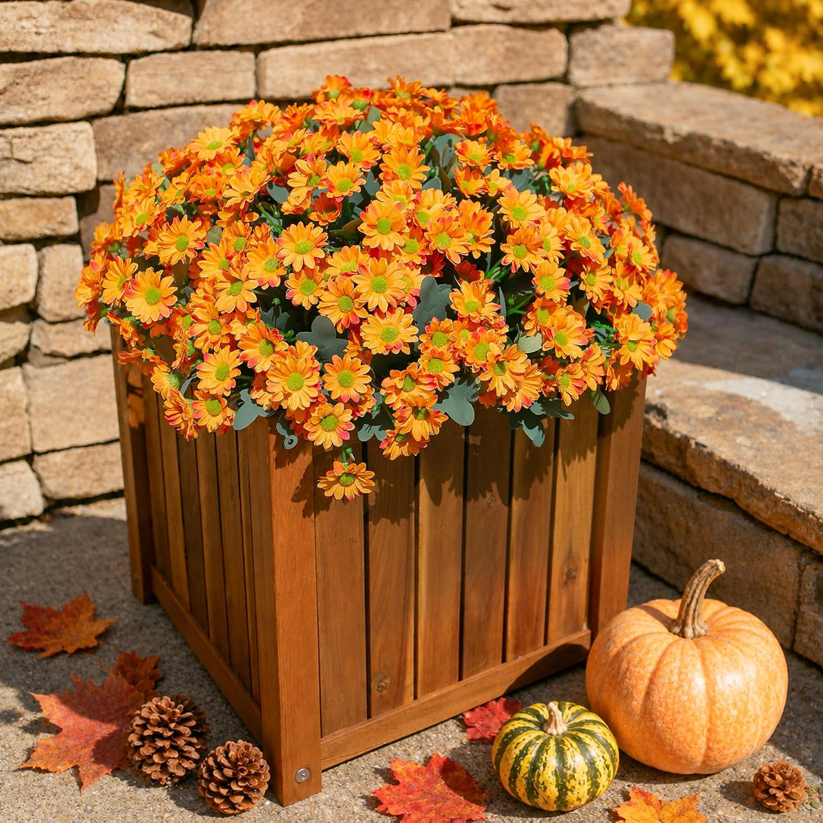 Daisy Artificial Flowers for Outdoors Autumn Fall Decoration, 6 Bundles Fake Mums Red Silk Flowers for Outside Look Real UV Resistant Fake Plants Faux Flowers for Planter Front Door Home Indoor Porch