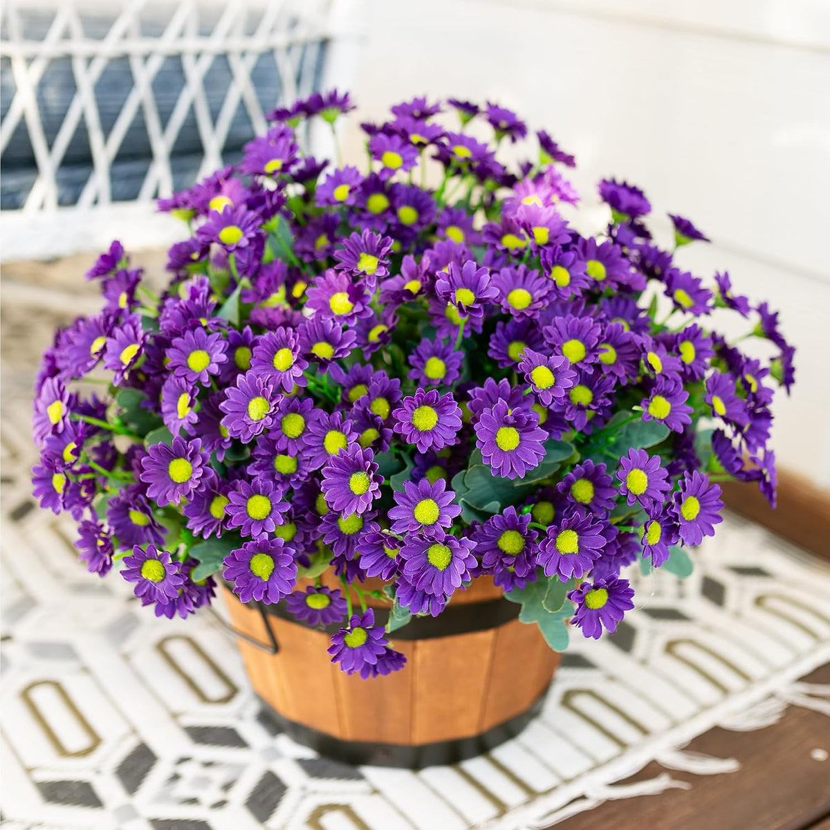 Daisy Artificial Flowers for Outdoors Autumn Fall Decoration, 6 Bundles Fake Mums Red Silk Flowers for Outside Look Real UV Resistant Fake Plants Faux Flowers for Planter Front Door Home Indoor Porch