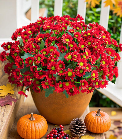 Daisy Artificial Flowers for Outdoors Autumn Fall Decoration, 6 Bundles Fake Mums Red Silk Flowers for Outside Look Real UV Resistant Fake Plants Faux Flowers for Planter Front Door Home Indoor Porch