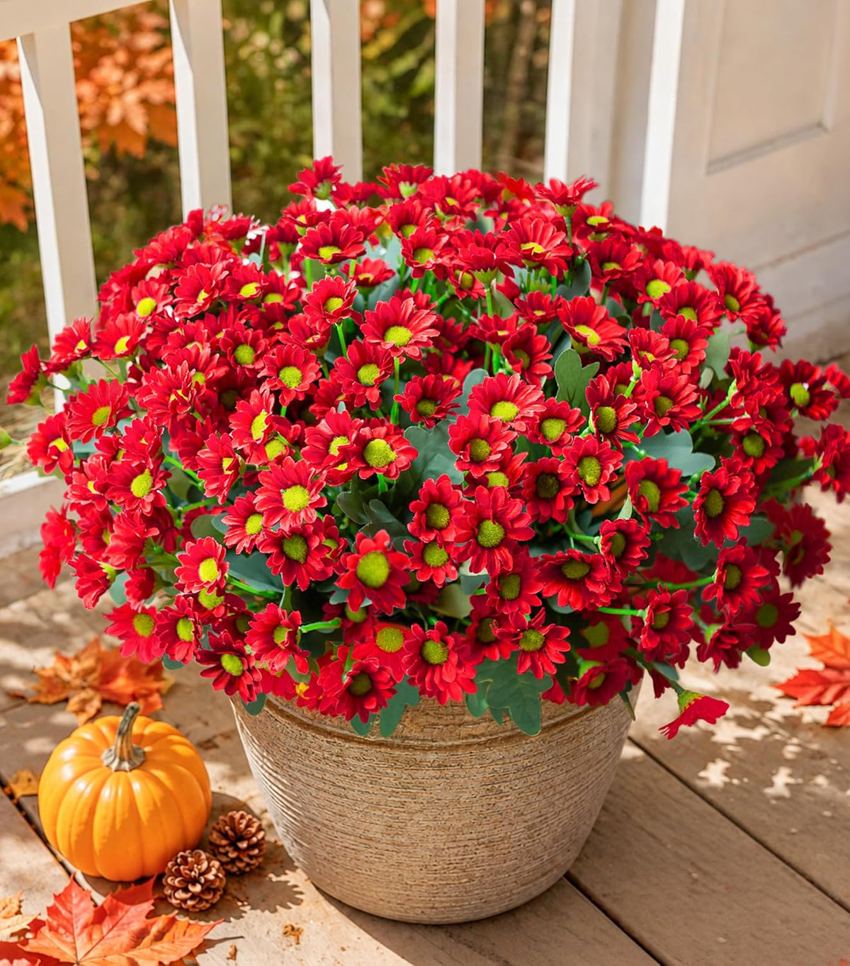 Daisy Artificial Flowers for Outdoors Autumn Fall Decoration, 6 Bundles Fake Mums Red Silk Flowers for Outside Look Real UV Resistant Fake Plants Faux Flowers for Planter Front Door Home Indoor Porch
