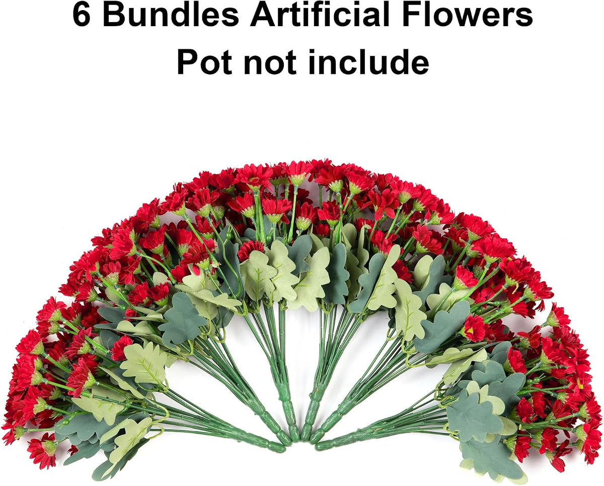 Daisy Artificial Flowers for Outdoors Autumn Fall Decoration, 6 Bundles Fake Mums Red Silk Flowers for Outside Look Real UV Resistant Fake Plants Faux Flowers for Planter Front Door Home Indoor Porch