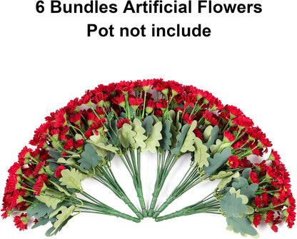 Daisy Artificial Flowers for Outdoors Autumn Fall Decoration, 6 Bundles Fake Mums Red Silk Flowers for Outside Look Real UV Resistant Fake Plants Faux Flowers for Planter Front Door Home Indoor Porch