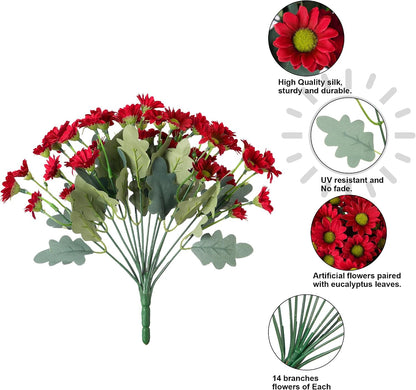 Daisy Artificial Flowers for Outdoors Autumn Fall Decoration, 6 Bundles Fake Mums Red Silk Flowers for Outside Look Real UV Resistant Fake Plants Faux Flowers for Planter Front Door Home Indoor Porch
