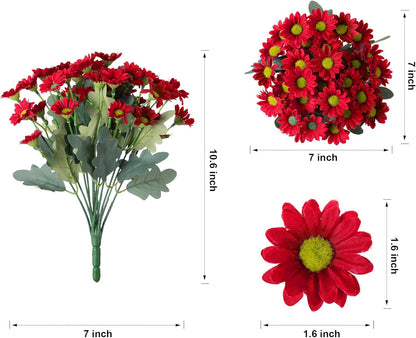 Daisy Artificial Flowers for Outdoors Autumn Fall Decoration, 6 Bundles Fake Mums Red Silk Flowers for Outside Look Real UV Resistant Fake Plants Faux Flowers for Planter Front Door Home Indoor Porch