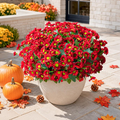 Daisy Artificial Flowers for Outdoors Autumn Fall Decoration, 6 Bundles Fake Mums Red Silk Flowers for Outside Look Real UV Resistant Fake Plants Faux Flowers for Planter Front Door Home Indoor Porch