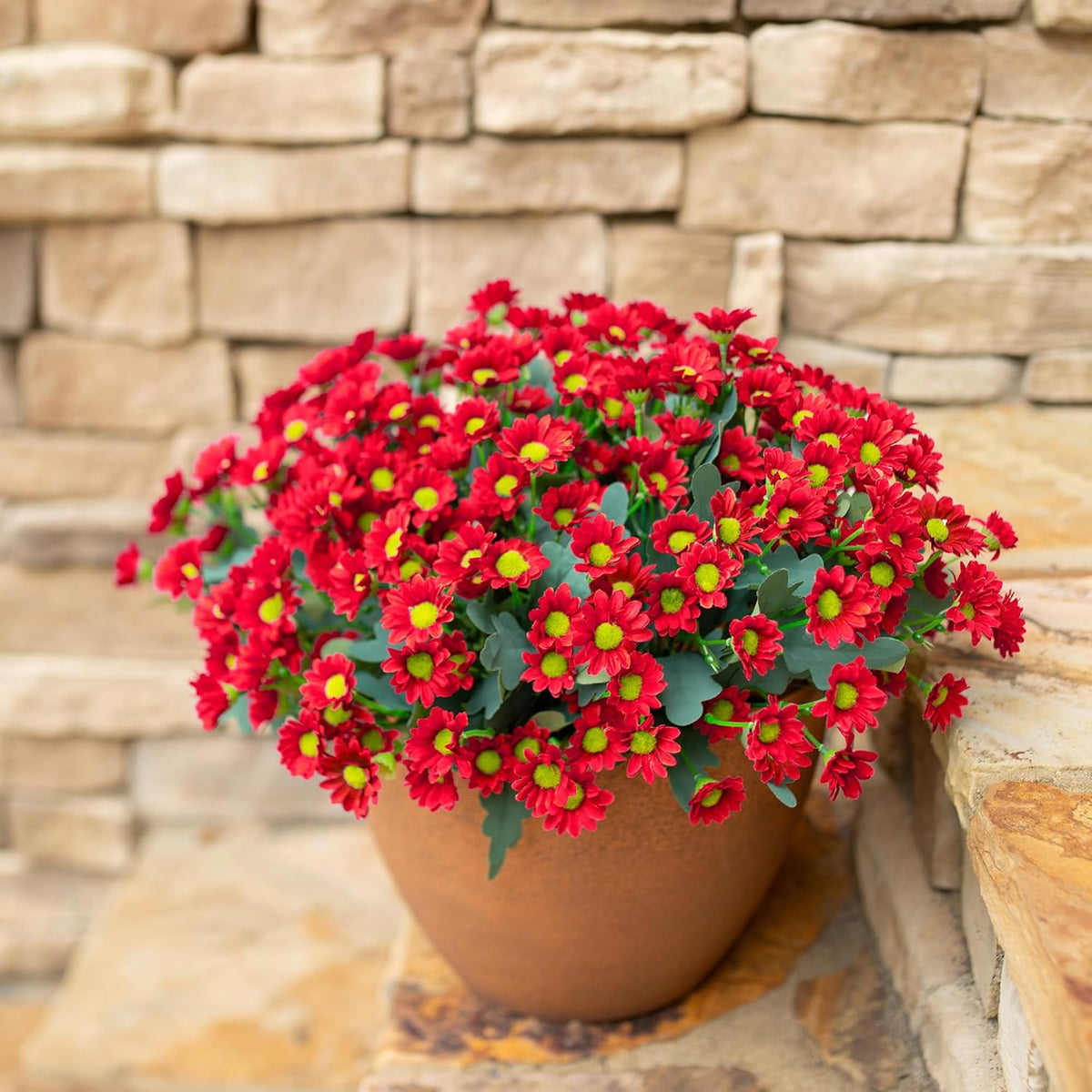 Daisy Artificial Flowers for Outdoors Autumn Fall Decoration, 6 Bundles Fake Mums Red Silk Flowers for Outside Look Real UV Resistant Fake Plants Faux Flowers for Planter Front Door Home Indoor Porch