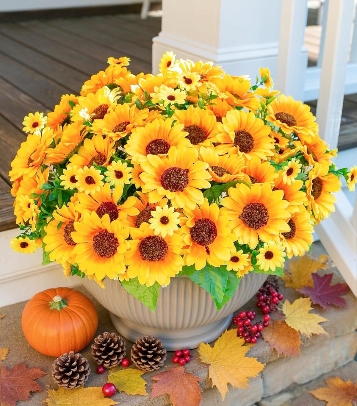 Daisy Artificial Flowers for Outdoors Autumn Fall Decoration, 6 Bundles Fake Mums Red Silk Flowers for Outside Look Real UV Resistant Fake Plants Faux Flowers for Planter Front Door Home Indoor Porch