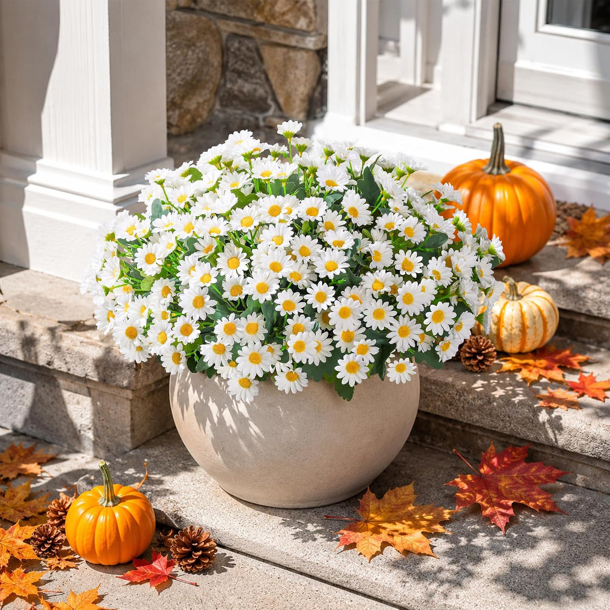 Daisy Artificial Flowers for Outdoors Autumn Fall Decoration, 6 Bundles Fake Mums Red Silk Flowers for Outside Look Real UV Resistant Fake Plants Faux Flowers for Planter Front Door Home Indoor Porch