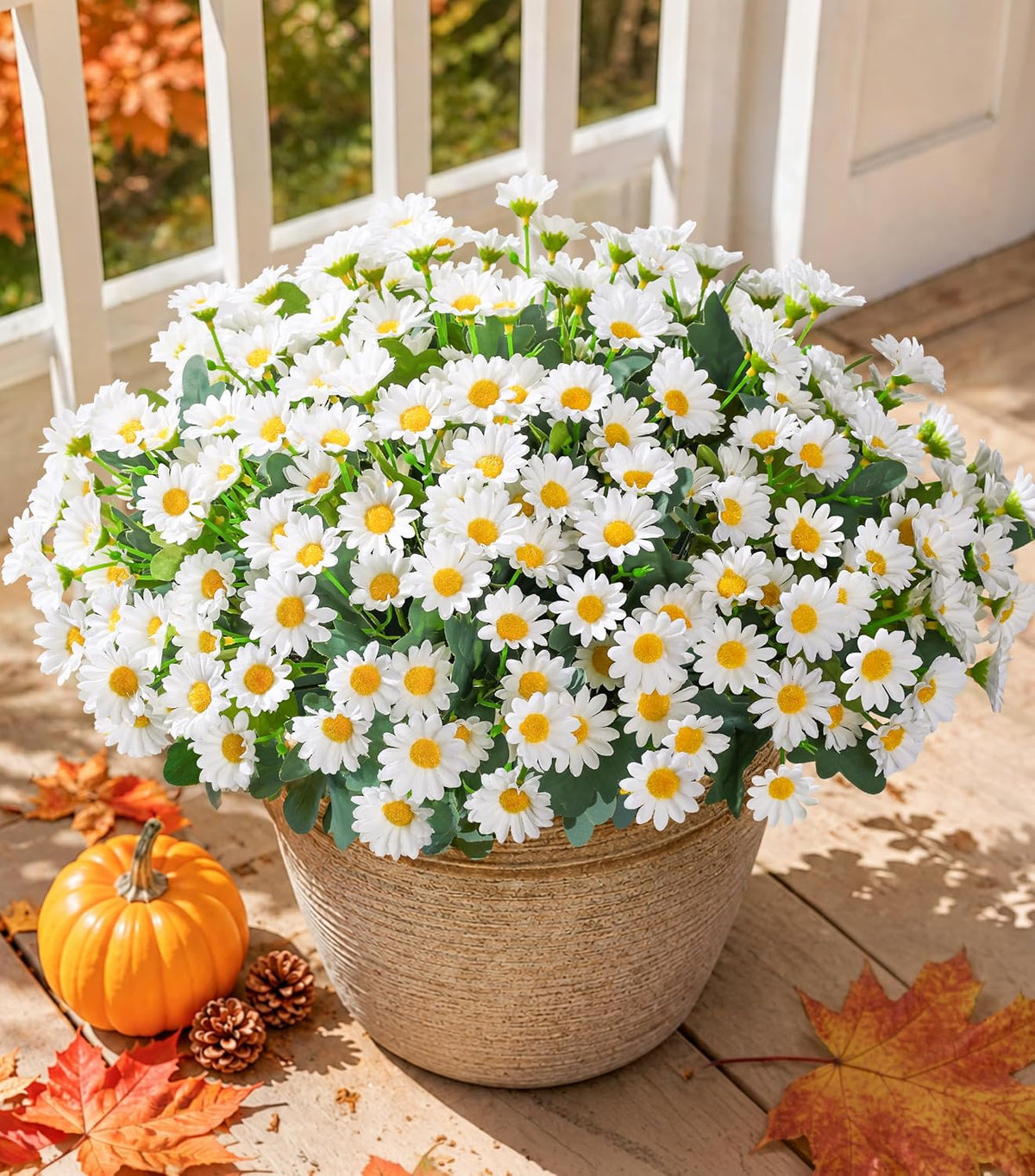 Daisy Artificial Flowers for Outdoors Autumn Fall Decoration, 6 Bundles Fake Mums Red Silk Flowers for Outside Look Real UV Resistant Fake Plants Faux Flowers for Planter Front Door Home Indoor Porch