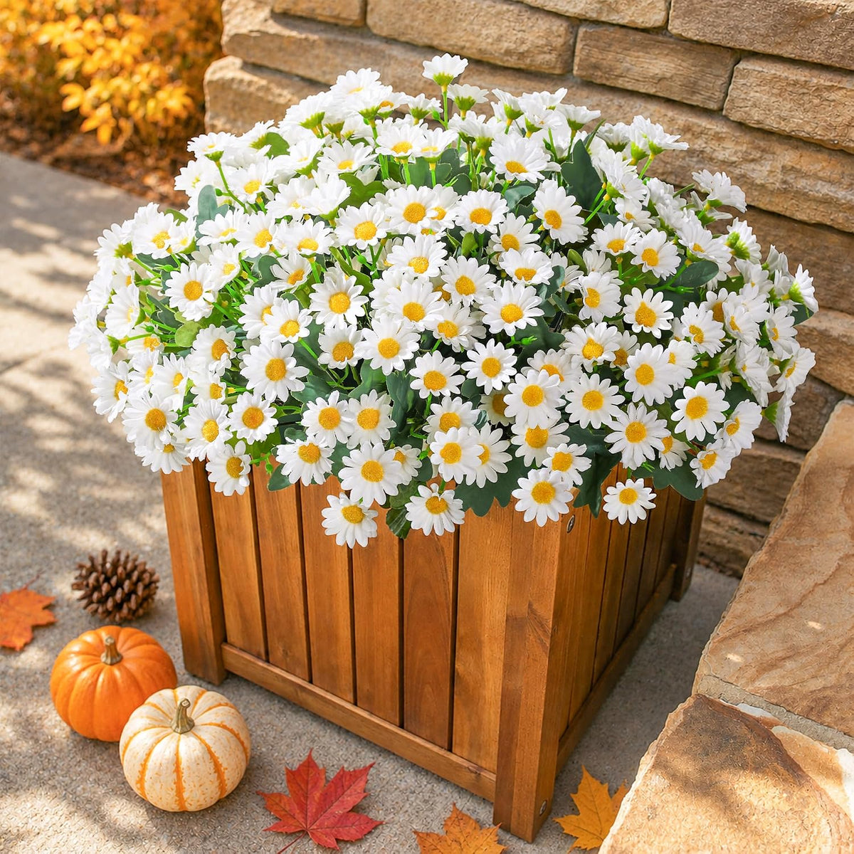 Daisy Artificial Flowers for Outdoors Autumn Fall Decoration, 6 Bundles Fake Mums Red Silk Flowers for Outside Look Real UV Resistant Fake Plants Faux Flowers for Planter Front Door Home Indoor Porch