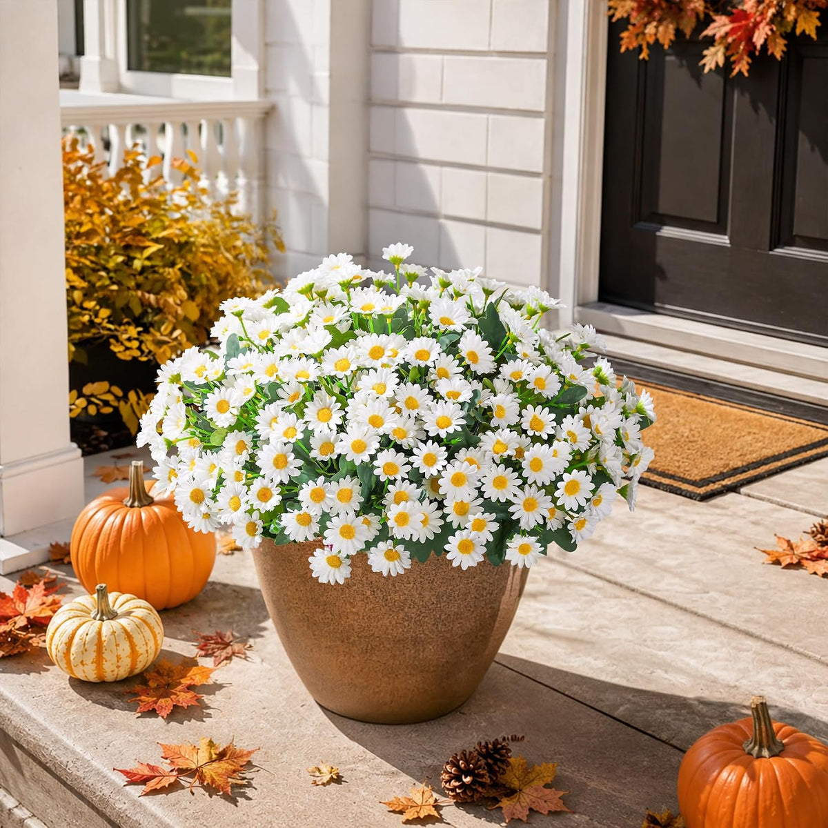 Daisy Artificial Flowers for Outdoors Autumn Fall Decoration, 6 Bundles Fake Mums Red Silk Flowers for Outside Look Real UV Resistant Fake Plants Faux Flowers for Planter Front Door Home Indoor Porch