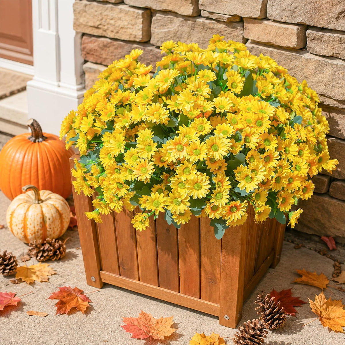 Daisy Artificial Flowers for Outdoors Autumn Fall Decoration, 6 Bundles Fake Mums Red Silk Flowers for Outside Look Real UV Resistant Fake Plants Faux Flowers for Planter Front Door Home Indoor Porch