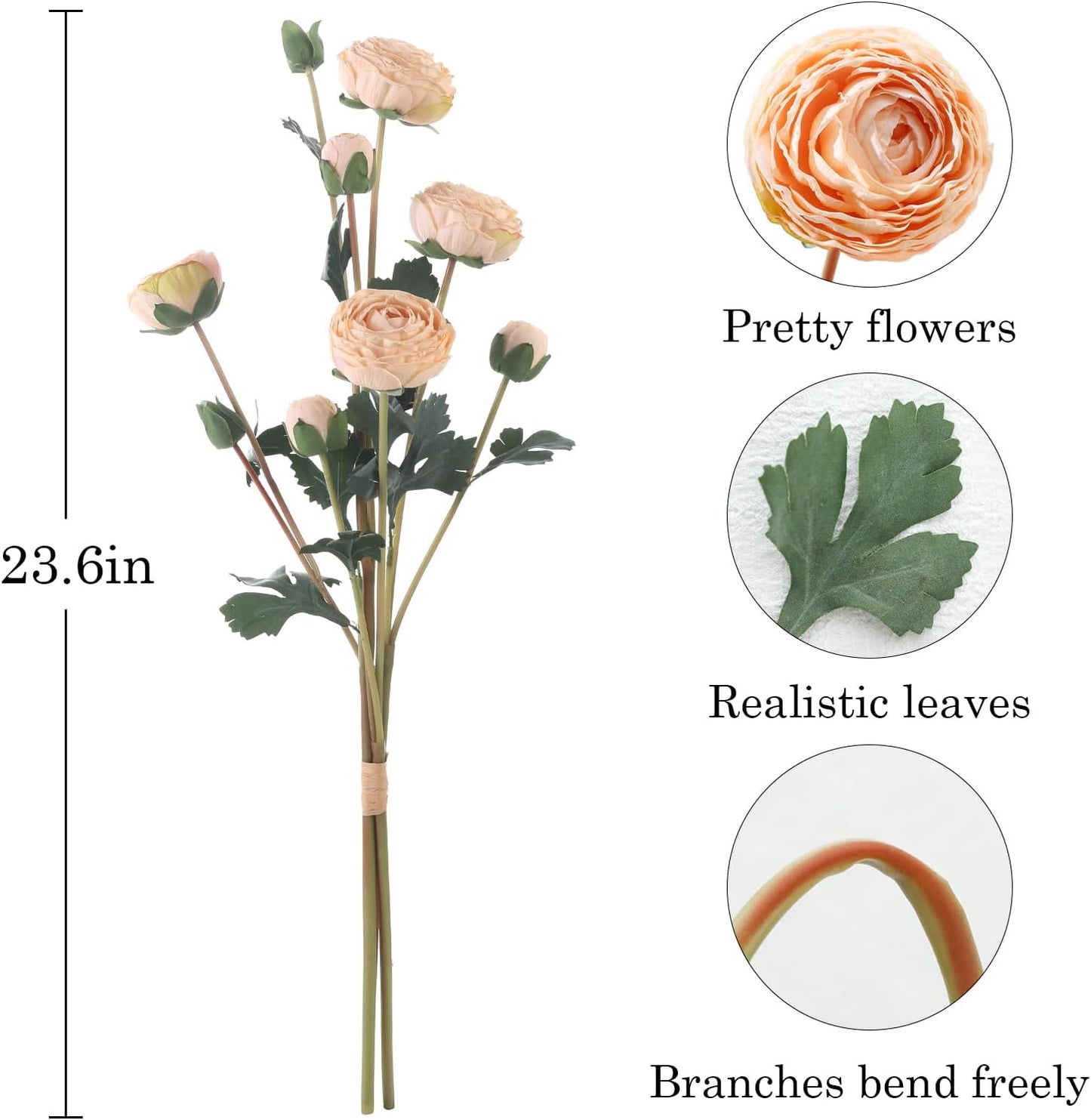 6Pcs Realistic Silk White Ranunculus Artificial Flowers Long Stems, 23.6" Tall Fake Flowers Faux Flowers Suit for Year-Round Home Decoration, Wedding, Bridal Bouquets, Office