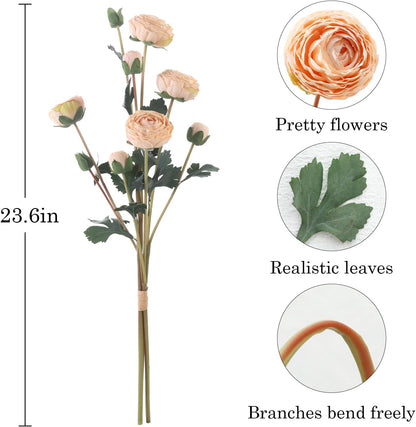 6Pcs Realistic Silk White Ranunculus Artificial Flowers Long Stems, 23.6" Tall Fake Flowers Faux Flowers Suit for Year-Round Home Decoration, Wedding, Bridal Bouquets, Office