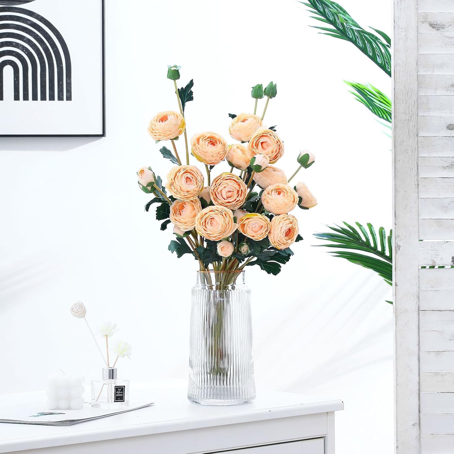 6Pcs Realistic Silk White Ranunculus Artificial Flowers Long Stems, 23.6" Tall Fake Flowers Faux Flowers Suit for Year-Round Home Decoration, Wedding, Bridal Bouquets, Office