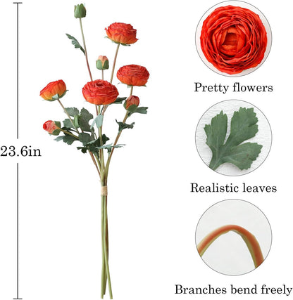 6Pcs Realistic Silk White Ranunculus Artificial Flowers Long Stems, 23.6" Tall Fake Flowers Faux Flowers Suit for Year-Round Home Decoration, Wedding, Bridal Bouquets, Office