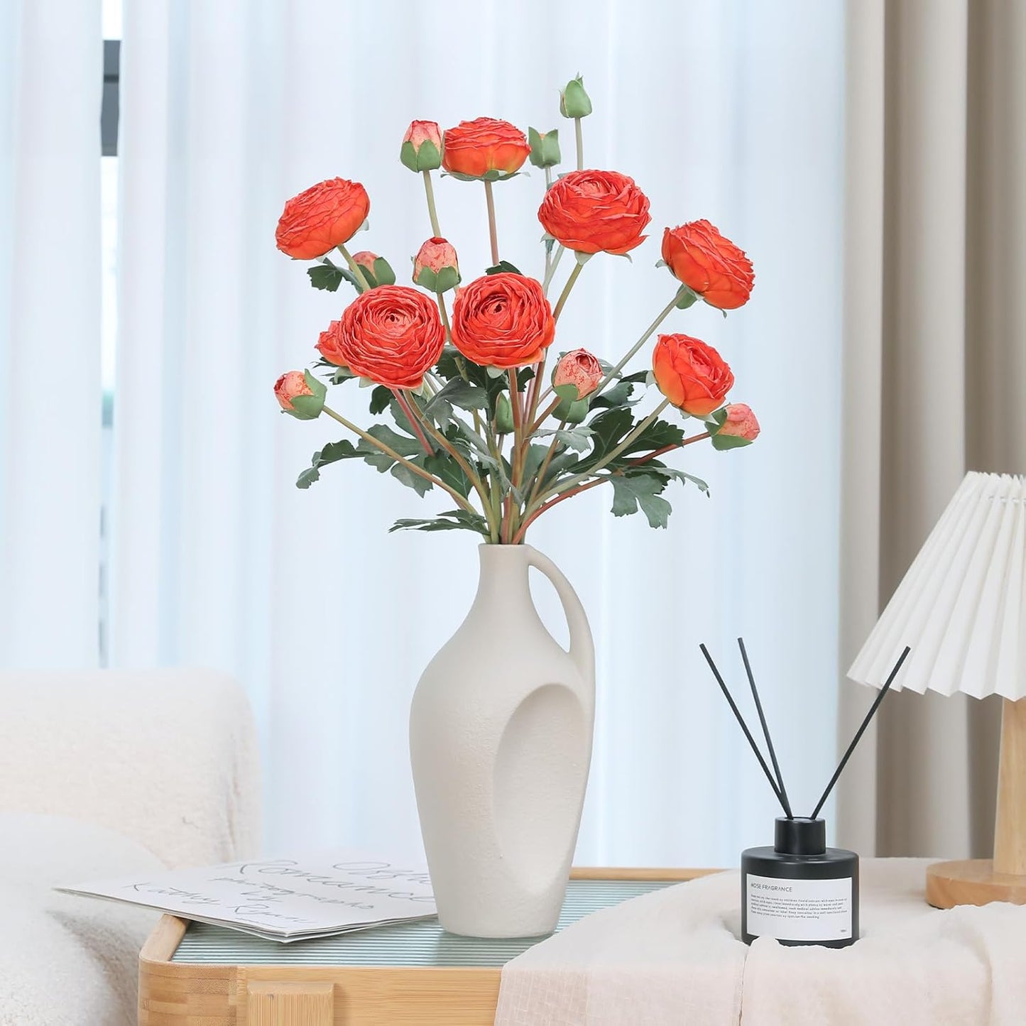 6Pcs Realistic Silk White Ranunculus Artificial Flowers Long Stems, 23.6" Tall Fake Flowers Faux Flowers Suit for Year-Round Home Decoration, Wedding, Bridal Bouquets, Office