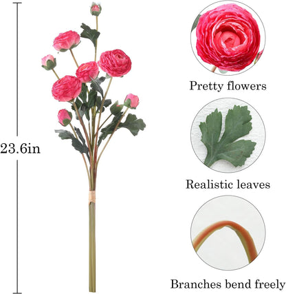 6Pcs Realistic Silk White Ranunculus Artificial Flowers Long Stems, 23.6" Tall Fake Flowers Faux Flowers Suit for Year-Round Home Decoration, Wedding, Bridal Bouquets, Office