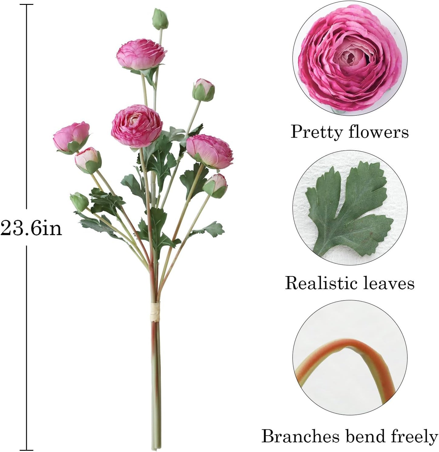 6Pcs Realistic Silk White Ranunculus Artificial Flowers Long Stems, 23.6" Tall Fake Flowers Faux Flowers Suit for Year-Round Home Decoration, Wedding, Bridal Bouquets, Office