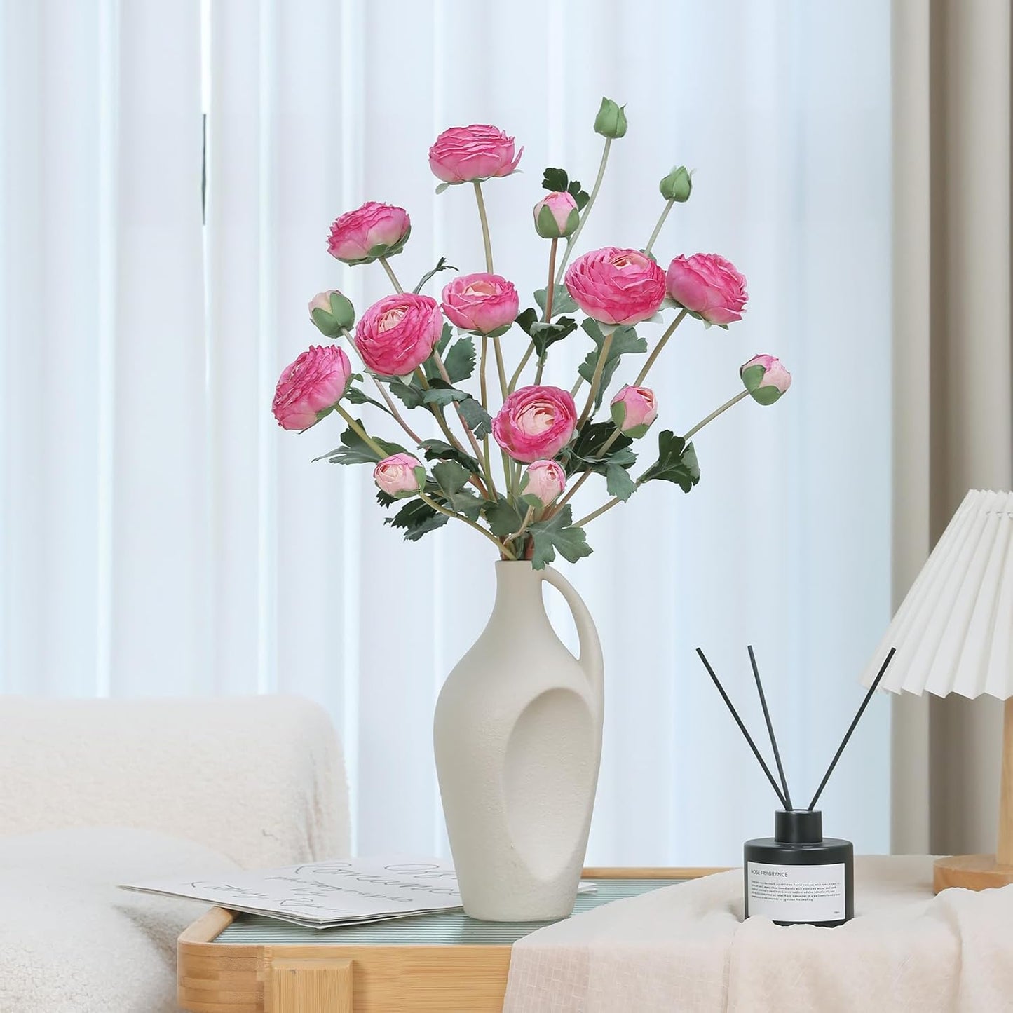 6Pcs Realistic Silk White Ranunculus Artificial Flowers Long Stems, 23.6" Tall Fake Flowers Faux Flowers Suit for Year-Round Home Decoration, Wedding, Bridal Bouquets, Office