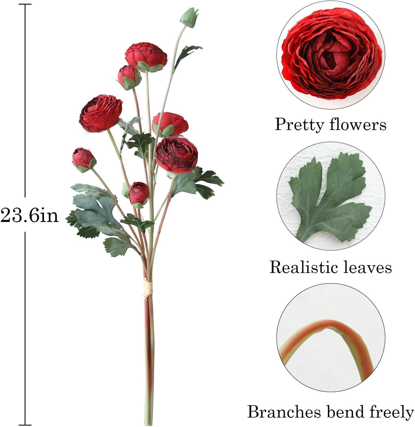 6Pcs Realistic Silk White Ranunculus Artificial Flowers Long Stems, 23.6" Tall Fake Flowers Faux Flowers Suit for Year-Round Home Decoration, Wedding, Bridal Bouquets, Office