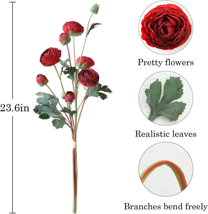 6Pcs Realistic Silk White Ranunculus Artificial Flowers Long Stems, 23.6" Tall Fake Flowers Faux Flowers Suit for Year-Round Home Decoration, Wedding, Bridal Bouquets, Office