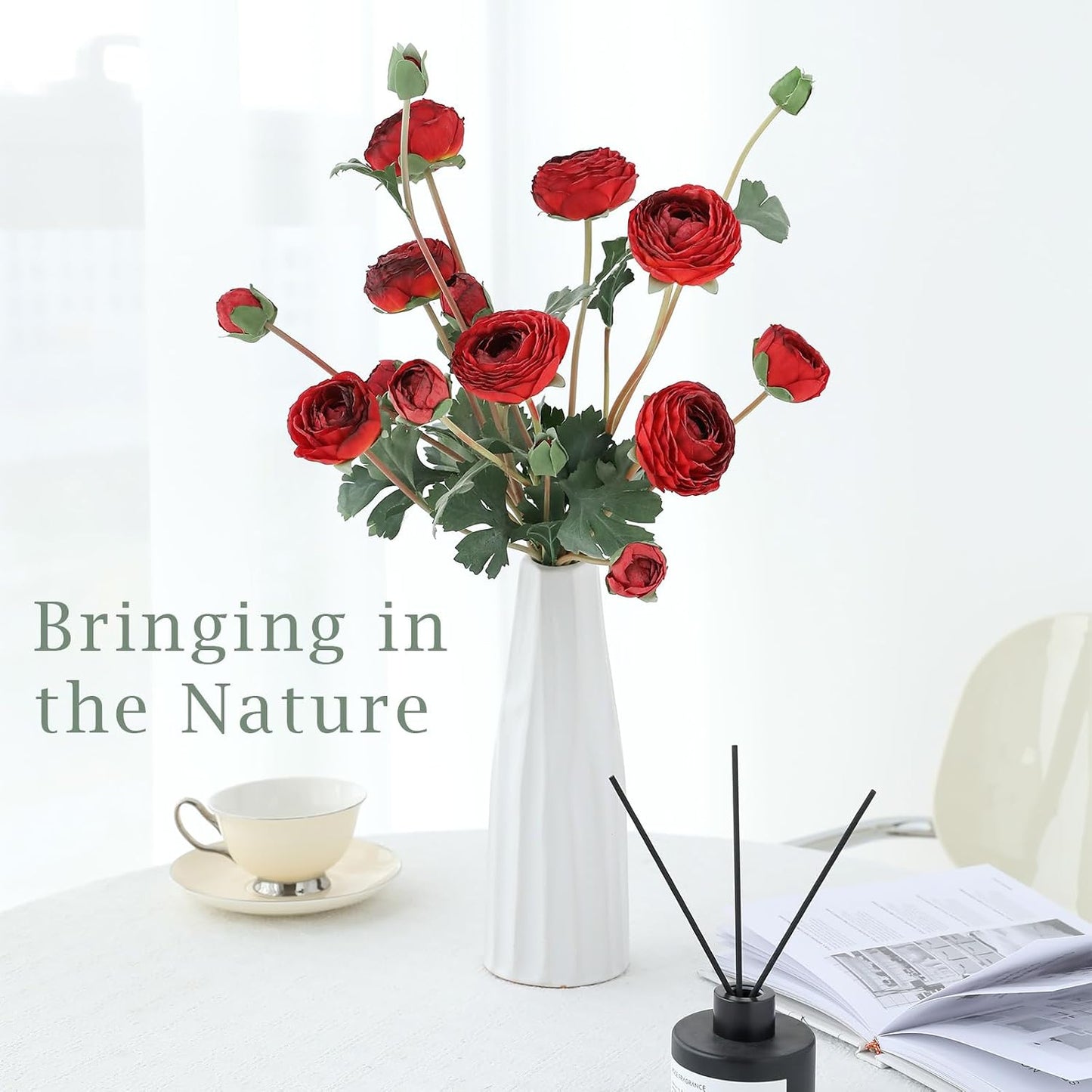 6Pcs Realistic Silk White Ranunculus Artificial Flowers Long Stems, 23.6" Tall Fake Flowers Faux Flowers Suit for Year-Round Home Decoration, Wedding, Bridal Bouquets, Office