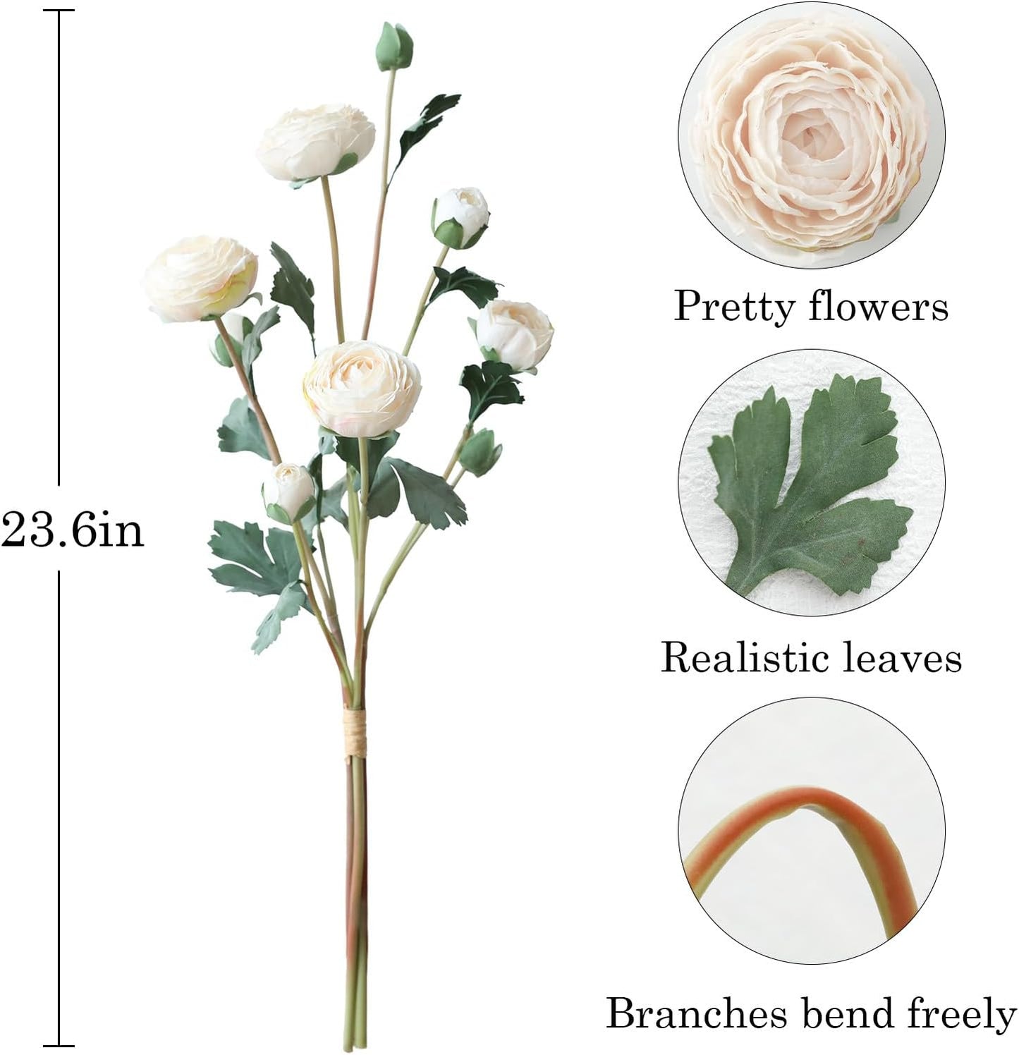 6Pcs Realistic Silk White Ranunculus Artificial Flowers Long Stems, 23.6" Tall Fake Flowers Faux Flowers Suit for Year-Round Home Decoration, Wedding, Bridal Bouquets, Office