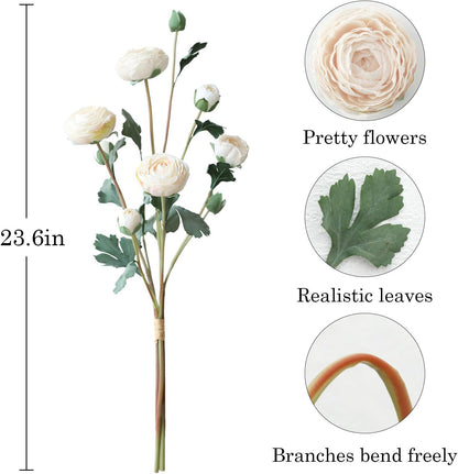 6Pcs Realistic Silk White Ranunculus Artificial Flowers Long Stems, 23.6" Tall Fake Flowers Faux Flowers Suit for Year-Round Home Decoration, Wedding, Bridal Bouquets, Office