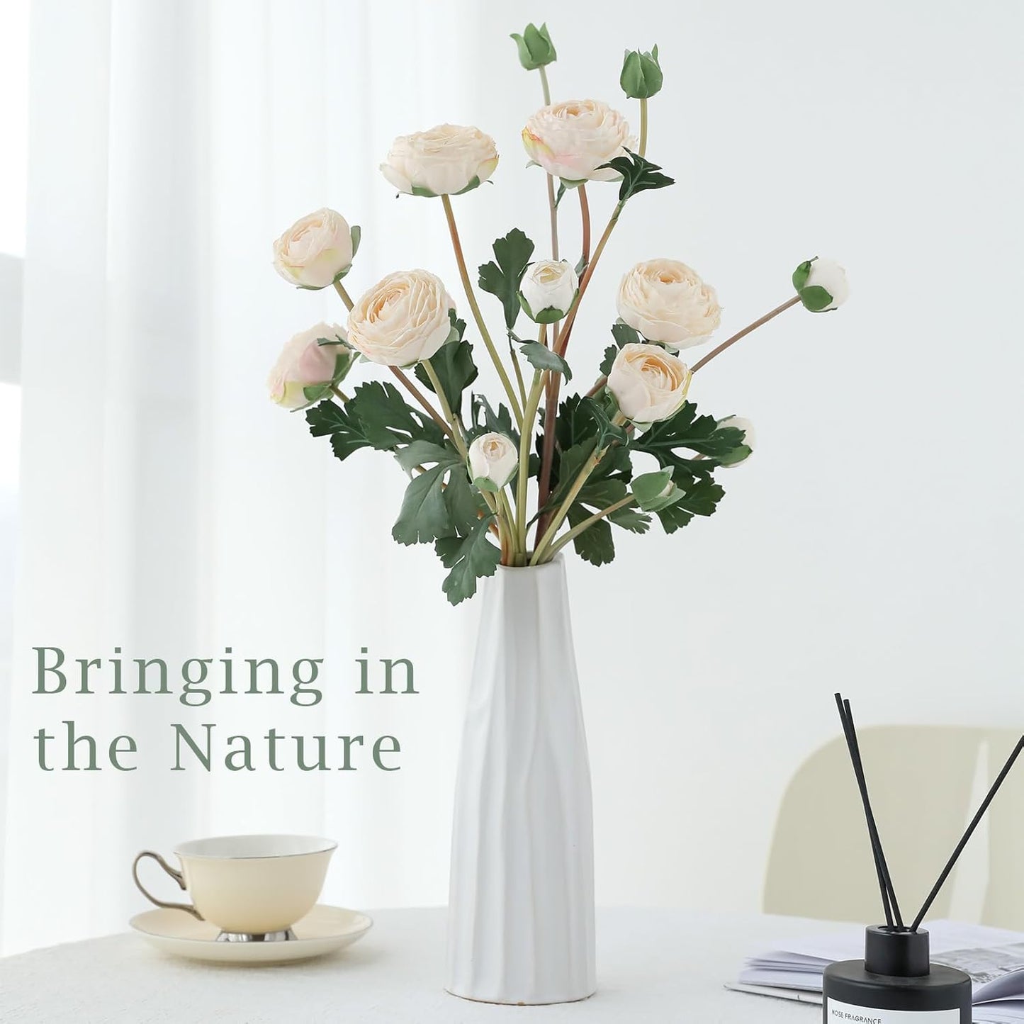 6Pcs Realistic Silk White Ranunculus Artificial Flowers Long Stems, 23.6" Tall Fake Flowers Faux Flowers Suit for Year-Round Home Decoration, Wedding, Bridal Bouquets, Office