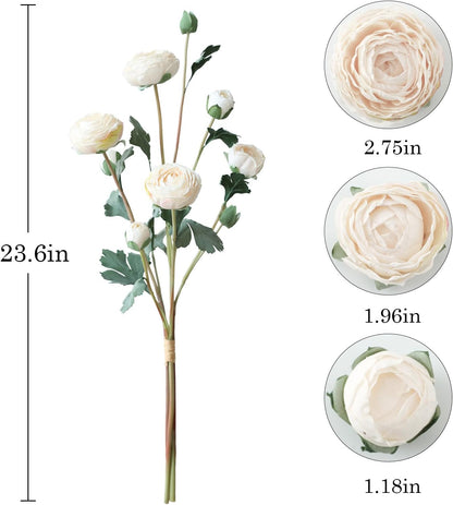 6Pcs Realistic Silk White Ranunculus Artificial Flowers Long Stems, 23.6" Tall Fake Flowers Faux Flowers Suit for Year-Round Home Decoration, Wedding, Bridal Bouquets, Office