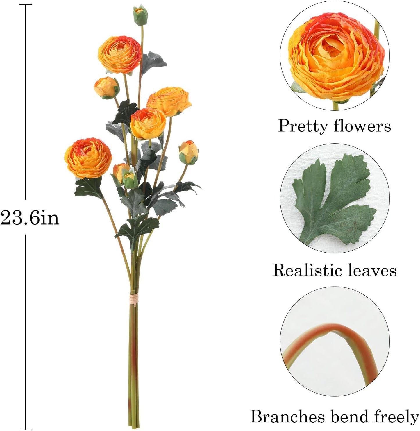 6Pcs Realistic Silk White Ranunculus Artificial Flowers Long Stems, 23.6" Tall Fake Flowers Faux Flowers Suit for Year-Round Home Decoration, Wedding, Bridal Bouquets, Office