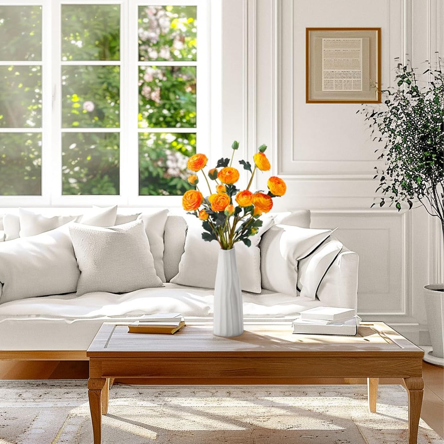 6Pcs Realistic Silk White Ranunculus Artificial Flowers Long Stems, 23.6" Tall Fake Flowers Faux Flowers Suit for Year-Round Home Decoration, Wedding, Bridal Bouquets, Office