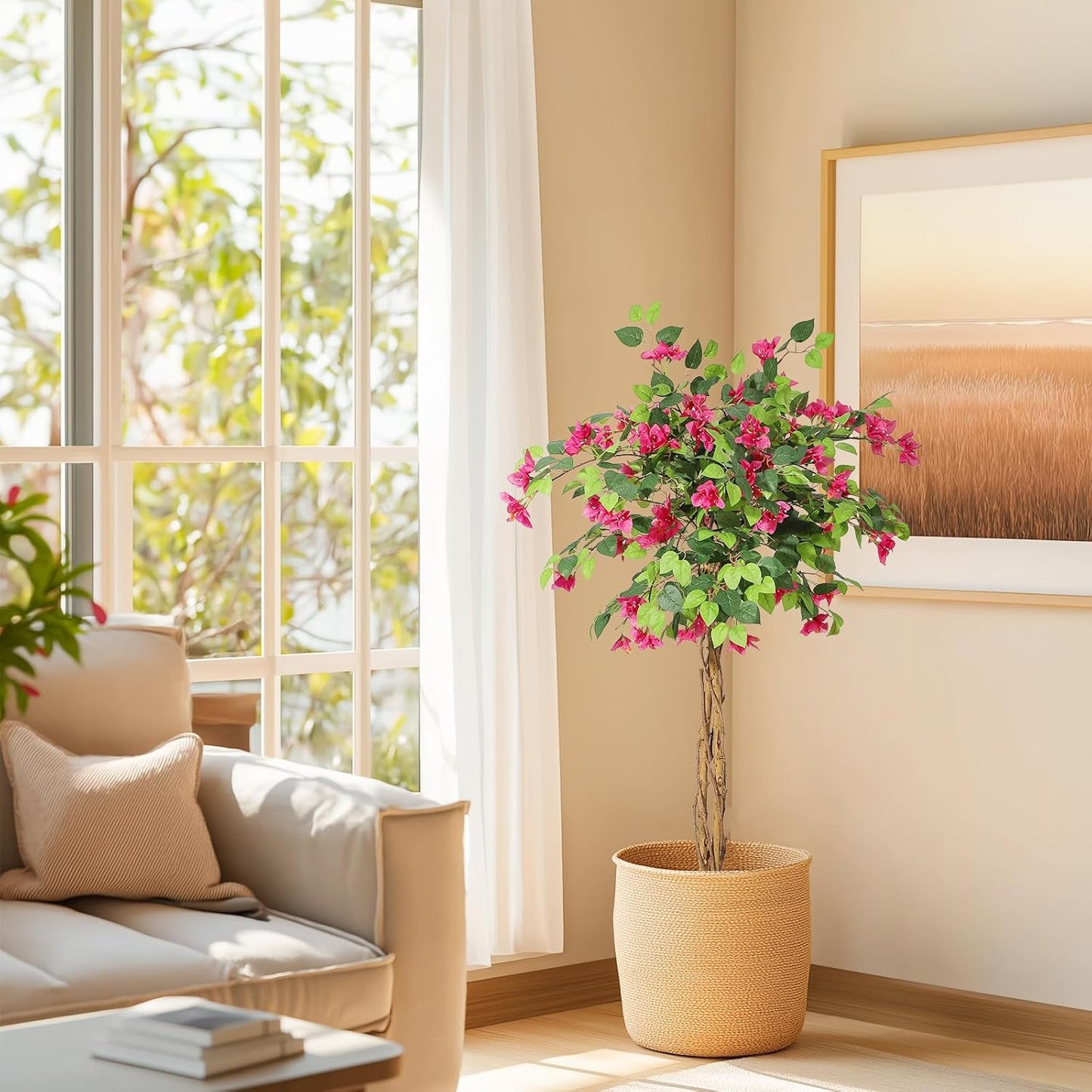 5 ft Artificial Bougainvillea Tree, Tall Potted Artificial Plants Indoor, Faux Tree with Wood Trunk and Pink Flowers for Outdoor