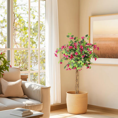 5 ft Artificial Bougainvillea Tree, Tall Potted Artificial Plants Indoor, Faux Tree with Wood Trunk and Pink Flowers for Outdoor