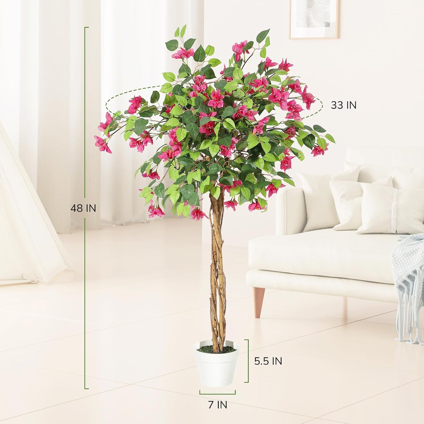 5 ft Artificial Bougainvillea Tree, Tall Potted Artificial Plants Indoor, Faux Tree with Wood Trunk and Pink Flowers for Outdoor
