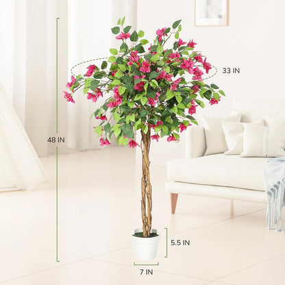 5 ft Artificial Bougainvillea Tree, Tall Potted Artificial Plants Indoor, Faux Tree with Wood Trunk and Pink Flowers for Outdoor